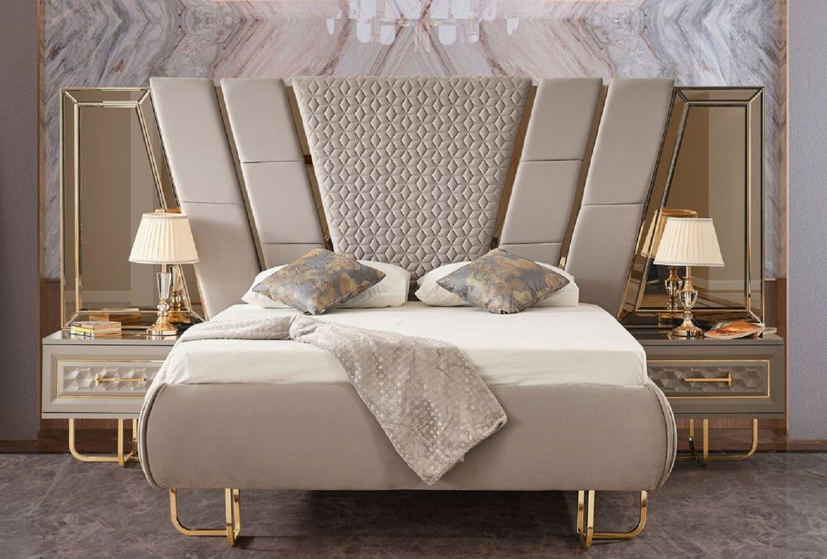 Casa Padrino Bett Casa Padrino Luxus Art Deco Schlafzimmer Set Grau / Gold - 1 Doppelbett mit Kopfteil & 2 Nachtkommoden - Art Deco Schlafzimmer Möbel - Luxus Schlafzimmer Möbel - Luxus Einrichtung von Casa Padrino