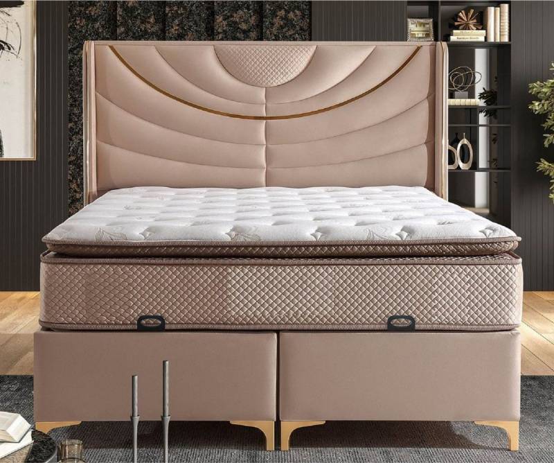 Casa Padrino Bett Casa Padrino Luxus Doppelbett Beige / Gold - Verschiedene Größen - Massivholz Bett mit Kopfteil und Matratze - Schlafzimmer Möbel - Hotel Möbel - Luxus Möbel von Casa Padrino