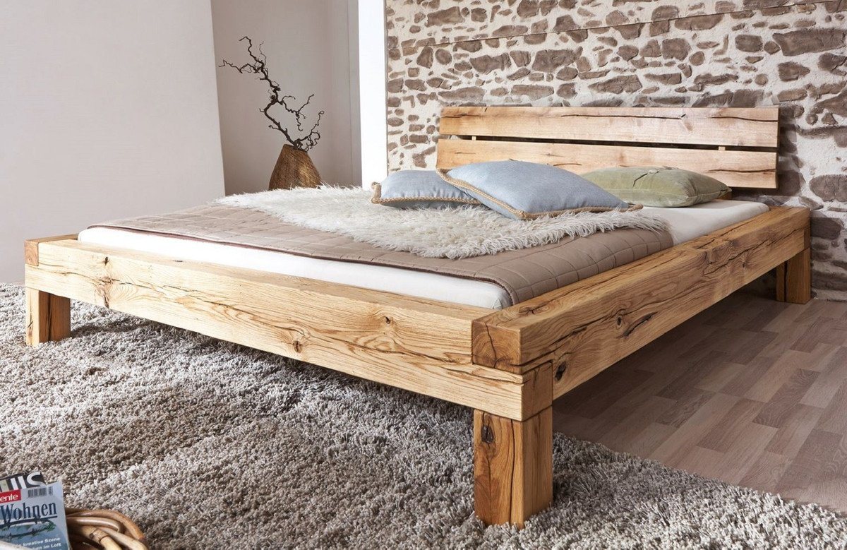 Casa Padrino Bett Casa Padrino Luxus Doppelbett Naturfarben - Verschiedene Größen - Massivholz Bett mit Kopfteil und Matratze - Schlafzimmer Möbel - Hotel Möbel - Luxus Möbel - Luxus Einrichtung von Casa Padrino