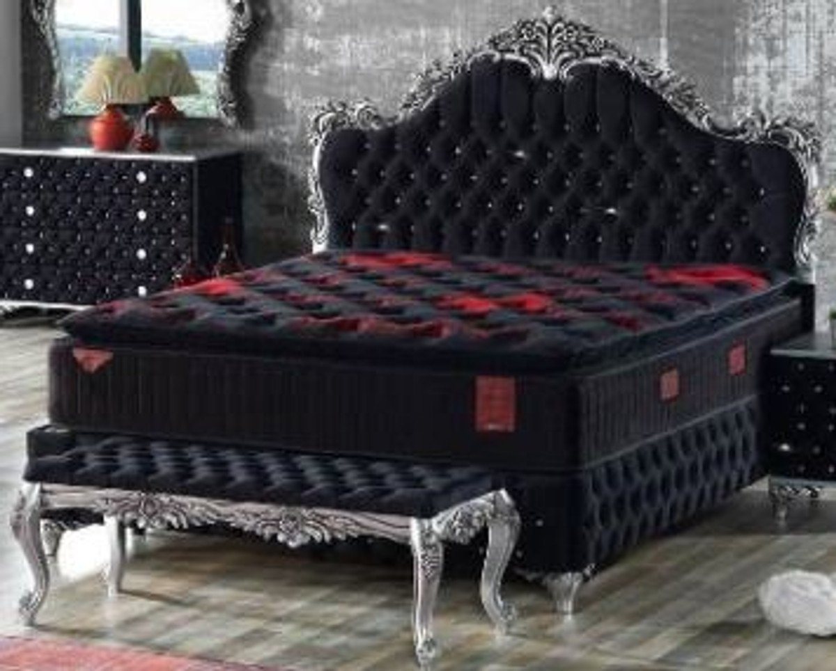 Casa Padrino Bett Doppelbett Schwarz / Silber - Prunkvolles Samt Bett mit Glitzersteinen und Matratze - Komplett Set von Casa Padrino