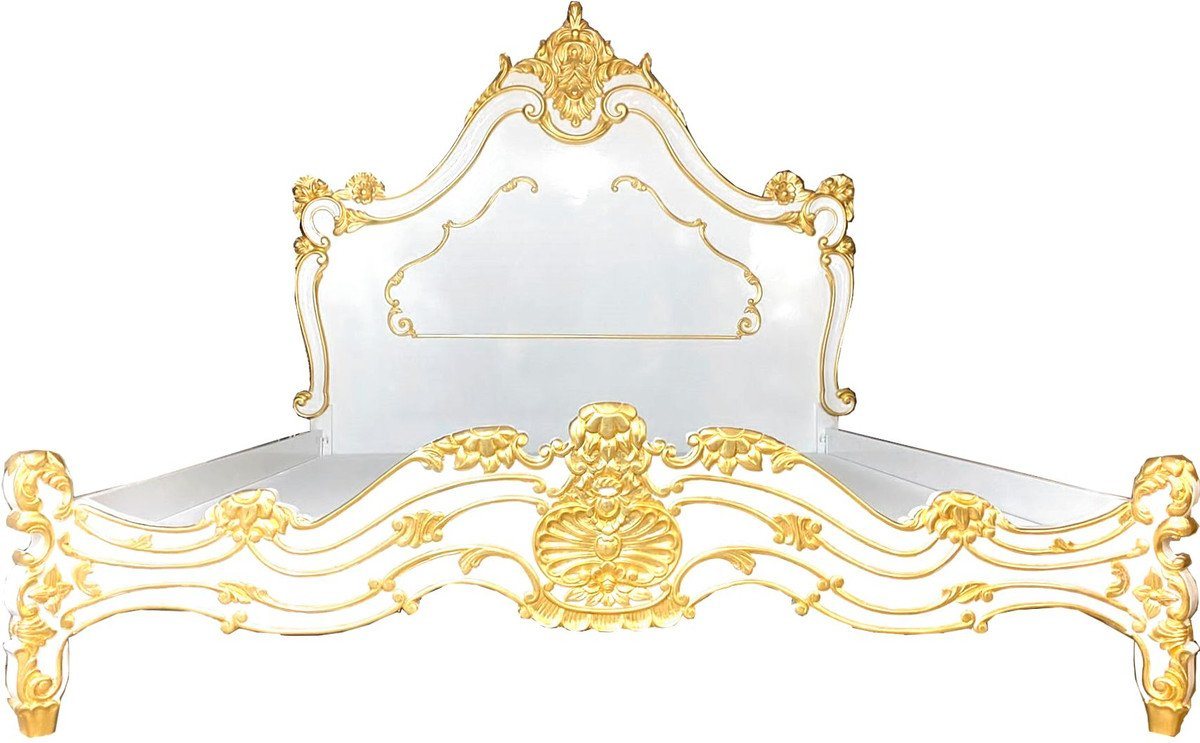 Casa Padrino Bett Doppelbett Weiß / Gold - Edles Massivholz Bett mit Kopfteil - Prunkvolle Schlafzimmer Möbel im Barockstil von Casa Padrino