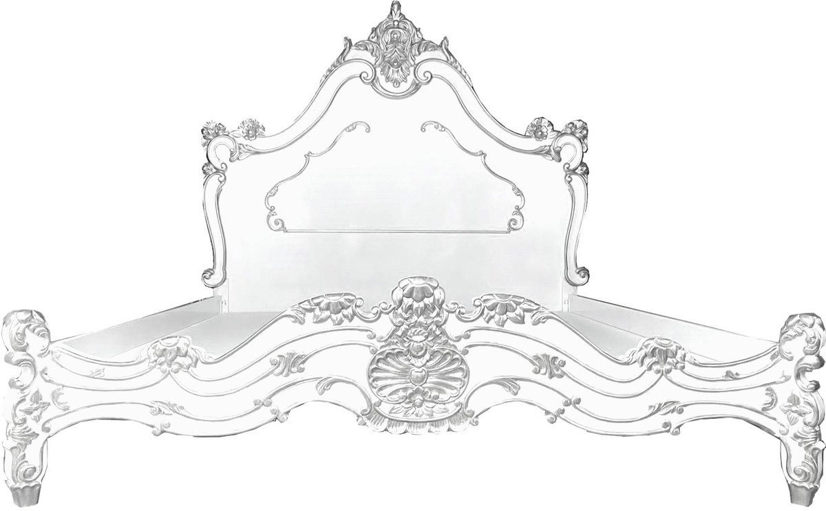 Casa Padrino Bett Doppelbett Weiß / Silber - Edles Massivholz Bett mit Kopfteil - Prunkvolle Schlafzimmer Möbel im Barockstil von Casa Padrino