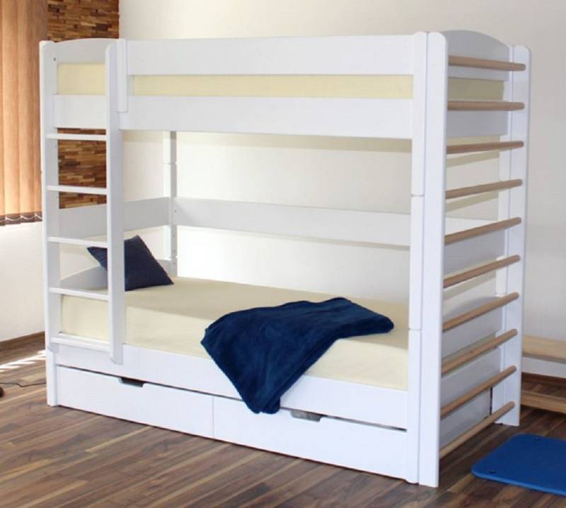 Casa Padrino Bett Massivholz Kinder Etagenbett Weiß / Naturfarben 211 x 98 x H. 185 cm - Multifunktions Kinderbett mit Leiter und Sprossenwand - Kinderzimmer Möbel von Casa Padrino