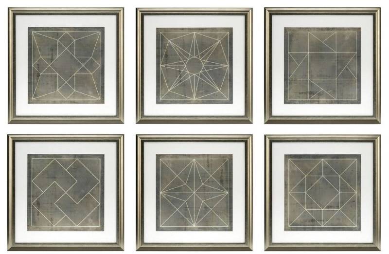 Casa Padrino Bilderrahmen Blaupausen Set geometrische Formen Grau / Gold 57 x H. 57 cm - Luxus Bilder mit Holzrahmen - Wanddeko von Casa Padrino