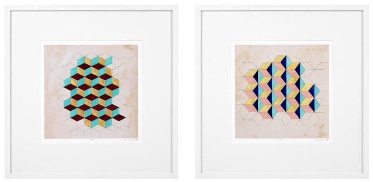 Casa Padrino Bilderrahmen Luxus Deko Bilder Set Geometrische Muster Mehrfarbig / Weiß 85 x H. 85 cm - Kunstdrucke mit Holzrahmen von Casa Padrino