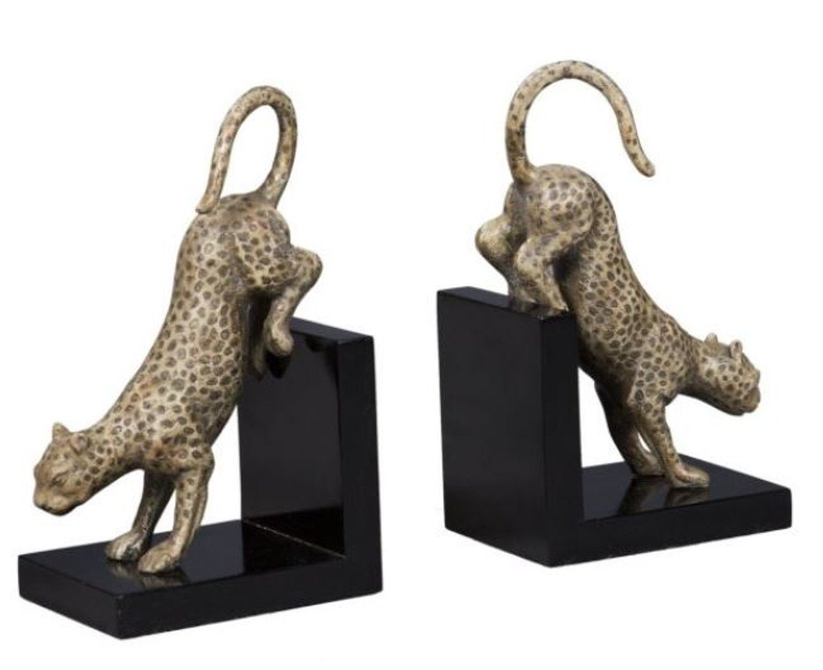 Casa Padrino Buchstütze Luxus Buchstützen Set Bronze Leoparden auf schwarzem Holzsockel - Deko Bronzefiguren auf Sockel von Casa Padrino