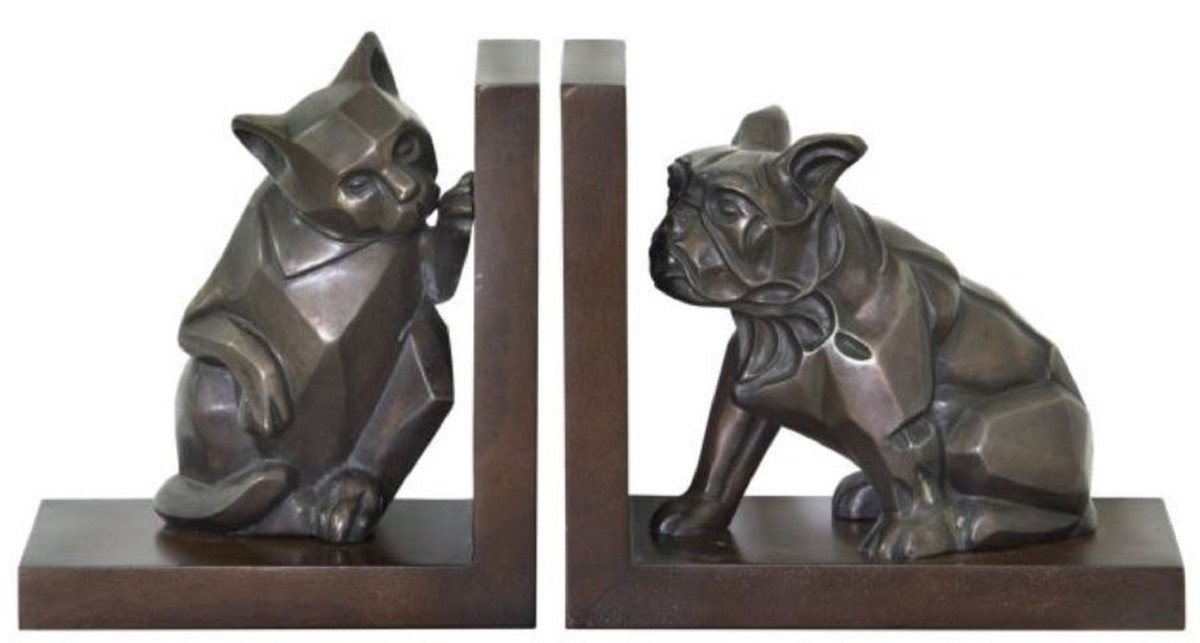 Casa Padrino Buchstütze Luxus Buchstützen Set Katze & Hund Bronze / Braun 18 x 18 x H. 10 cm - Deko Bronzefiguren mit Holzsockel von Casa Padrino
