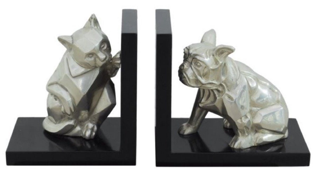 Casa Padrino Buchstütze Luxus Buchstützen Set Katze & Hund Silber / Schwarz 18 x 18 x H. 10 cm - Deko Bronzefiguren mit Holzsockel von Casa Padrino