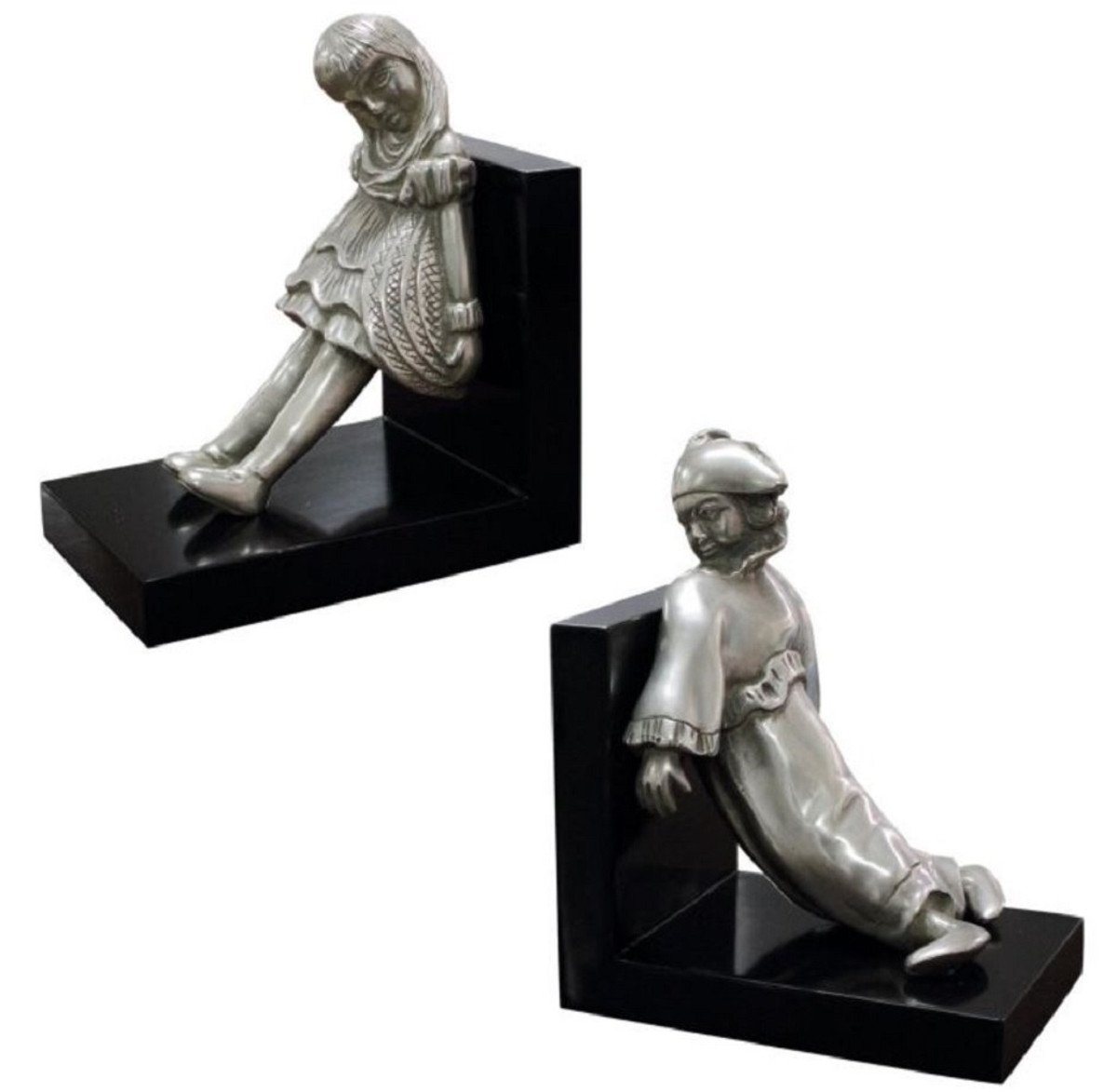 Casa Padrino Buchstütze Luxus Buchstützen Set Mädchen & Clown Silber / Schwarz 14 x 10 x H. 17 cm - Versilberte Deko Bronzefiguren mit Holzsockel von Casa Padrino