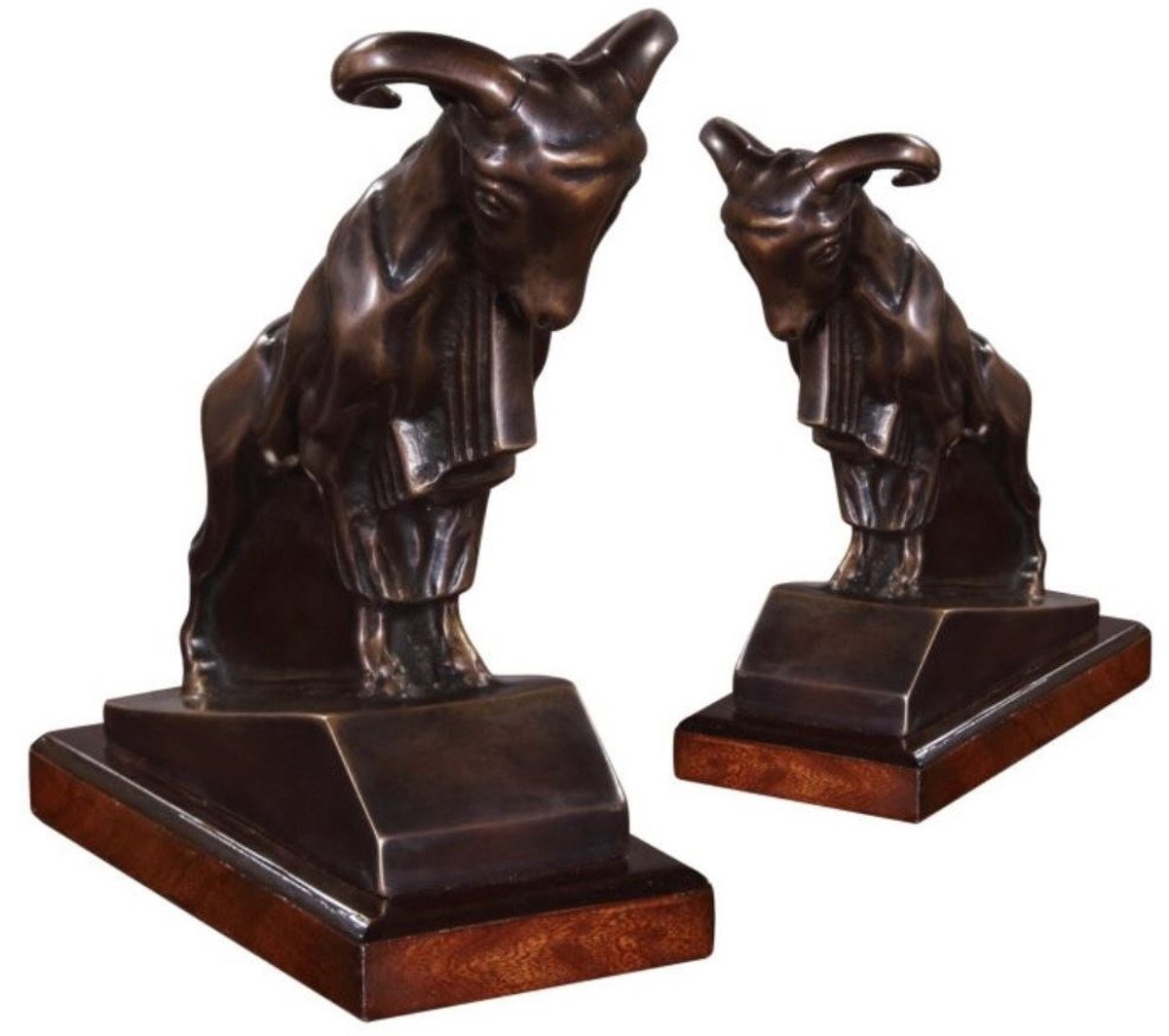 Casa Padrino Buchstütze Luxus Buchstützen Set Widder Bronze / Dunkelbraun 17 x 8 x H. 20 cm - Deko Bronzefiguren mit Mahagoni Holzsockel von Casa Padrino