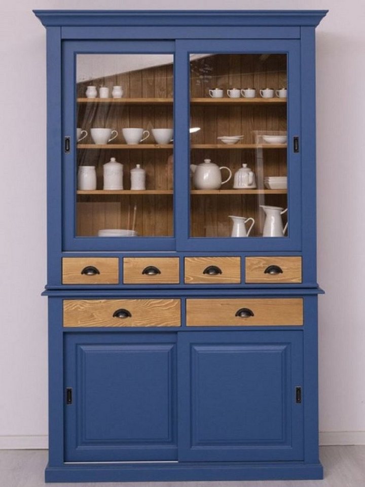 Casa Padrino Buffet Landhausstil Esszimmerschrank Blau / Naturfarben 142 x 48 x H. 225 cm - Massivholz Küchenschrank - Landhausstil Esszimmer Möbel von Casa Padrino
