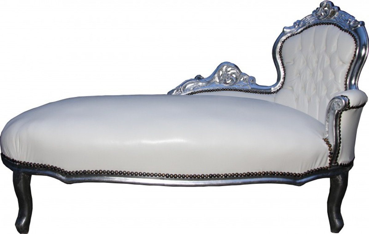 Casa Padrino Chaiselongue Barock Chaiselongue Weiß/Silber Lederoptik von Casa Padrino