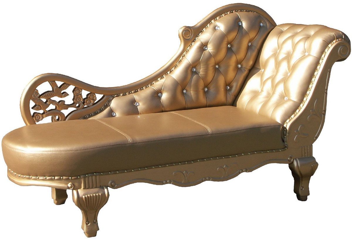 Casa Padrino Chaiselongue Barock Leder Chaiselongue Gold 170 x 65 x H. 90 cm - Massivholz Recamiere mit Echtleder und Glitzersteinen - Barock Möbel von Casa Padrino