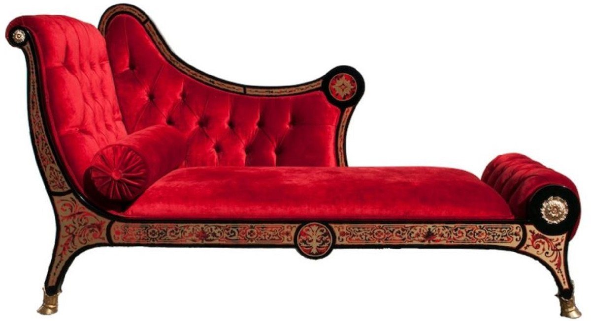 Casa Padrino Chaiselongue Luxus Barock Boulle Chaiselongue Rot / Schwarz / Gold 180 x 75 x H. 106 cm - Handgefertigte Massivholz Recamiere mit edlem Samtstoff - Barock Möbel - Luxus Qualität von Casa Padrino