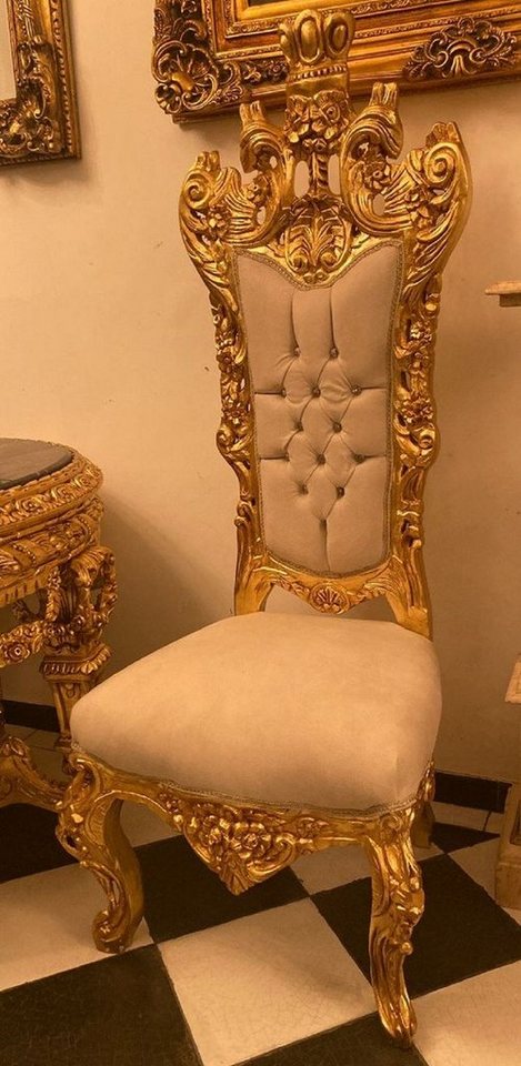 Casa Padrino Chefsessel Barock Thron Stuhl Creme / Gold - Handgefertigter Hochlehn Esszimmer Stuhl mit Samtstoff und Glitzersteinen - Barock Esszimmer Möbel von Casa Padrino