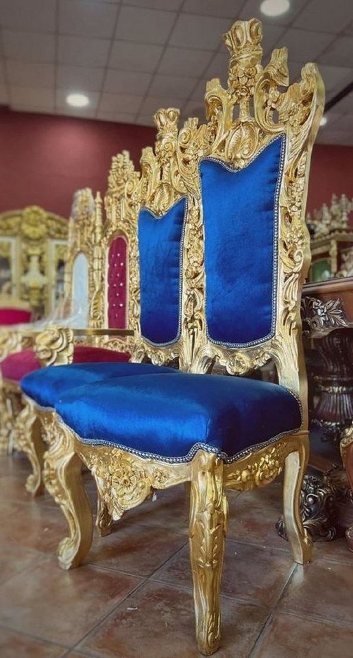 Casa Padrino Chefsessel Barock Thron Stuhl Royalblau / Gold - Handgefertigter Hochlehn Esszimmer Stuhl mit Samtstoff - Barock Esszimmer Möbel von Casa Padrino