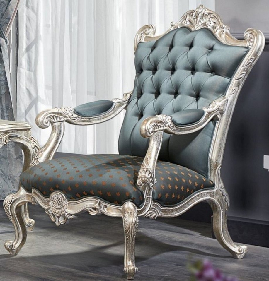 Casa Padrino Chesterfield-Sessel Luxus Barock Chesterfield Thron Sessel Türkis / Dunkeltürkis / Gold / Silber 87 x 83 x H. 110 cm - Barockmöbel von Casa Padrino