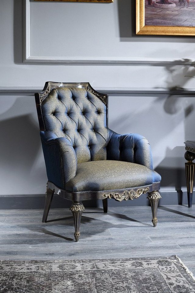 Casa Padrino Chesterfield-Sessel Luxus Barock Chesterfield Wohnzimmer Sessel Blau / Gold / Schwarz 74 x 88 x H. 103 cm - Barockmöbel von Casa Padrino