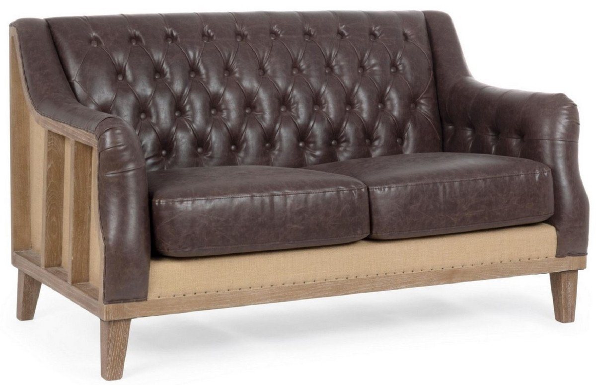 Casa Padrino Chesterfield-Sofa Casa Padrino Luxus Chesterfield Kunstleder Sofa Dunkelbraun / Naturfarben 140 x 85 x H. 85 cm - Wohnzimmer Sofa - Wohnzimmer Möbel - Chesterfield Möbel - Luxus Möbel - Luxus Einrichtung von Casa Padrino