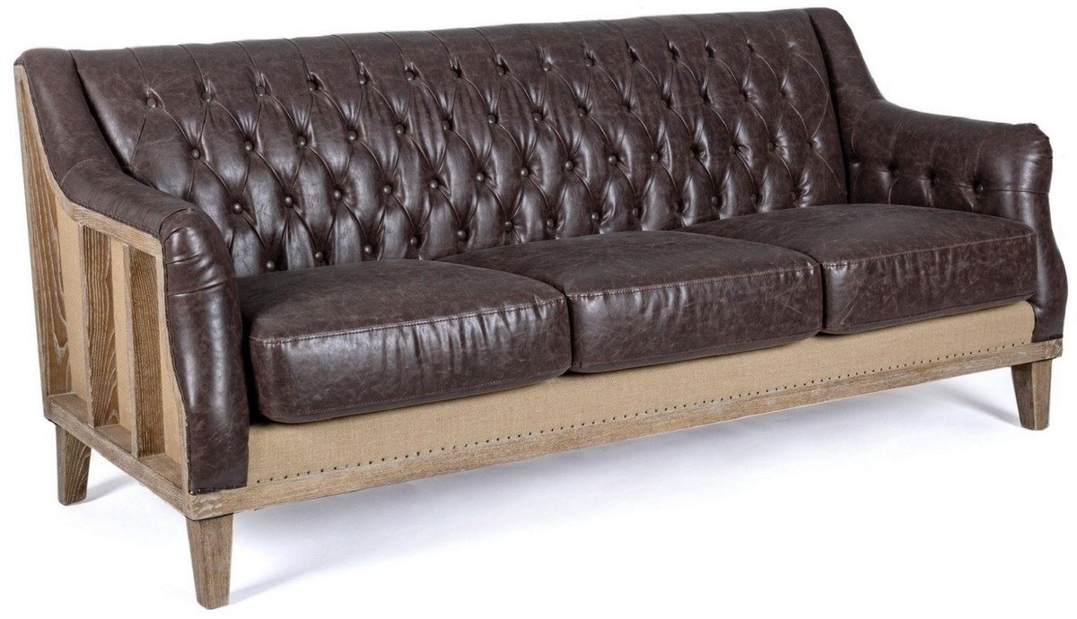 Casa Padrino Chesterfield-Sofa Casa Padrino Luxus Chesterfield Kunstleder Sofa Dunkelbraun / Naturfarben 194,5 x 85 x H. 85 cm - Wohnzimmer Sofa - Wohnzimmer Möbel - Chesterfield Möbel - Luxus Möbel - Luxus Einrichtung von Casa Padrino