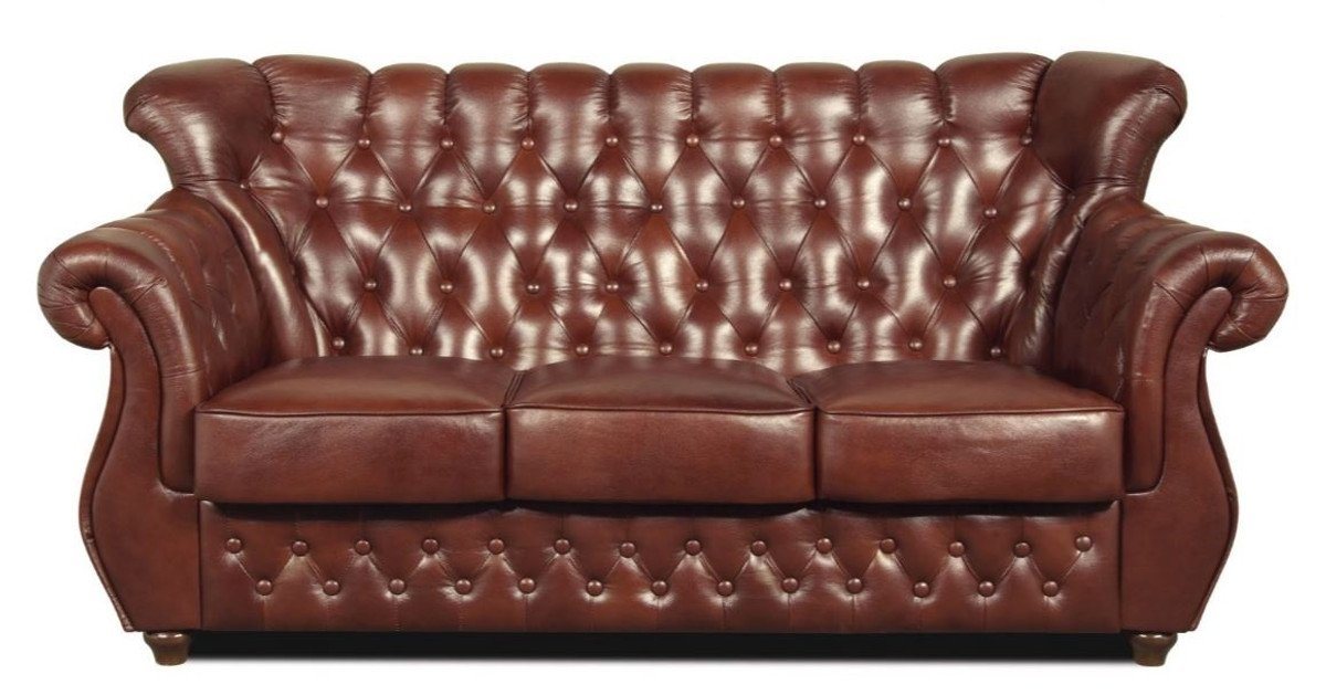 Casa Padrino Chesterfield-Sofa Chesterfield Echtleder 3er Sofa in braun mit dunkelbraunen Füßen 200 x 80 x H. 85 cm - Luxus Qualität von Casa Padrino