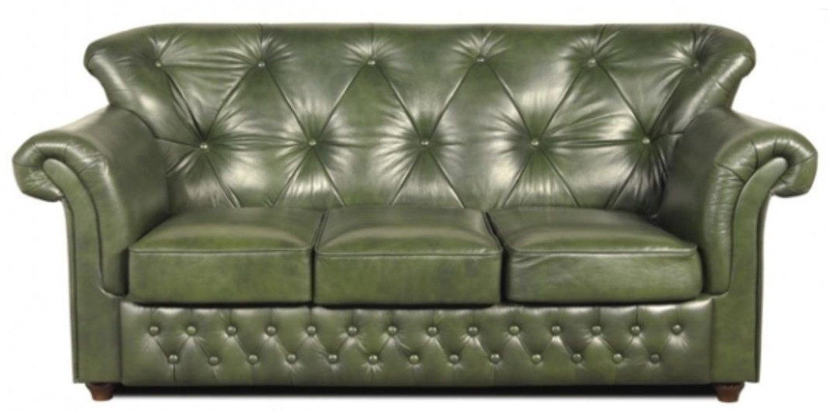 Casa Padrino Chesterfield-Sofa Chesterfield Echtleder 3er Sofa in grün mit dunkelbraunen Füßen 200 x 80 x H. 85 cm - Luxus Qualität von Casa Padrino