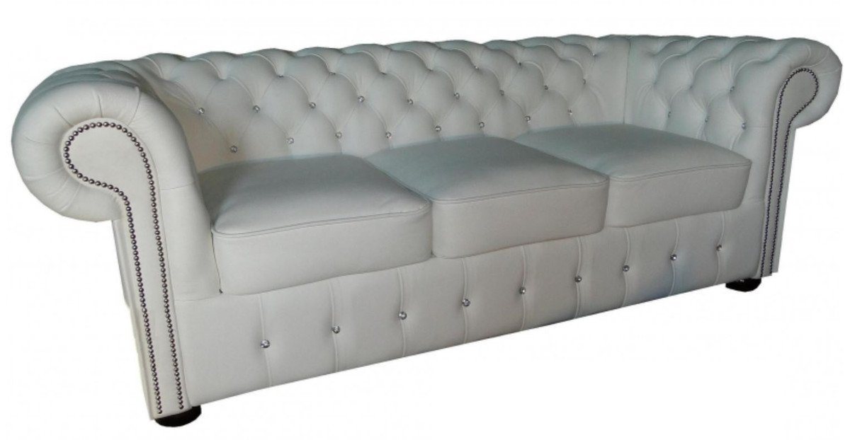 Casa Padrino Chesterfield-Sofa Chesterfield Echtleder 3er Sofa in weiß mit Glitzersteinen 200 x 90 x H. 78 cm - Luxus Möbel von Casa Padrino