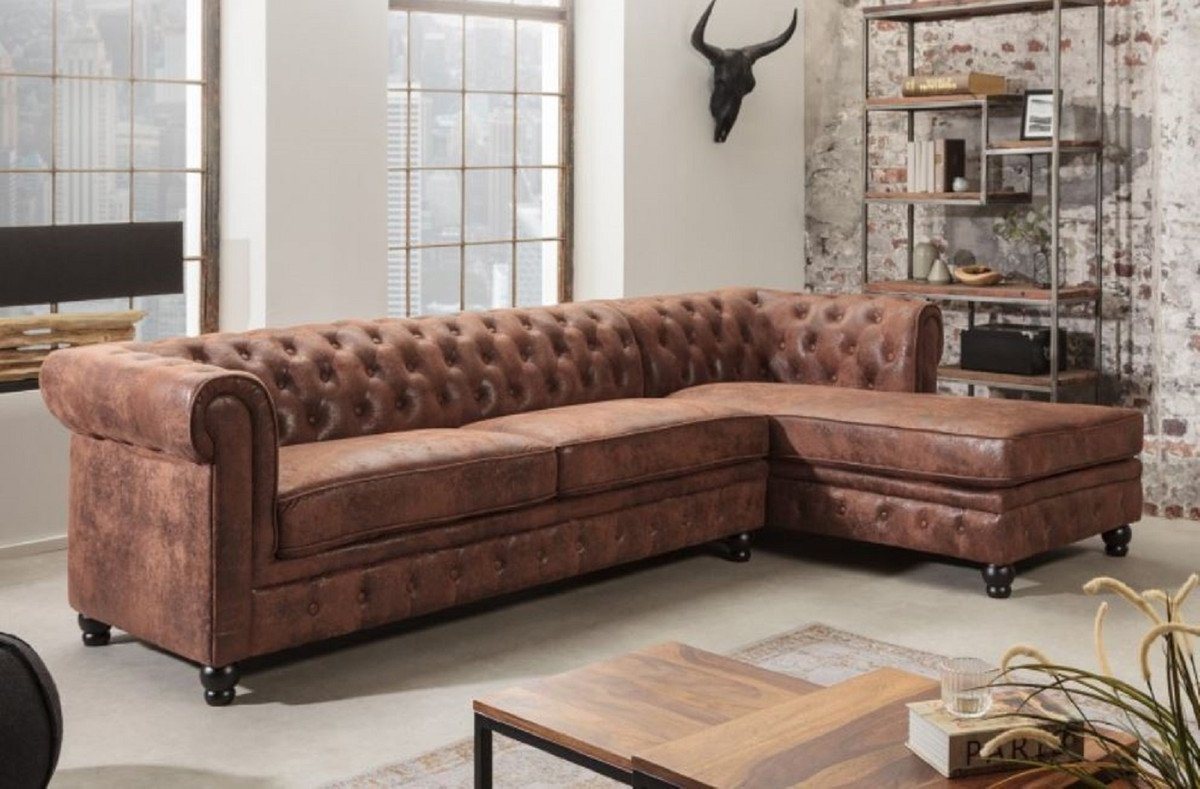 Casa Padrino Chesterfield-Sofa Chesterfield Ecksofa Rechts Antik Braun - Microfaser Wohnzimmer Sofa - Chesterfield Wohnzimmer Möbel von Casa Padrino