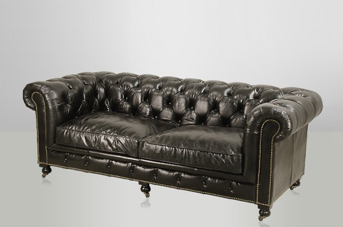 Casa Padrino Chesterfield-Sofa Chesterfield Luxus Echt Leder Sofa 2.5 Seater Vintage Leder von Ebony von Casa Padrino