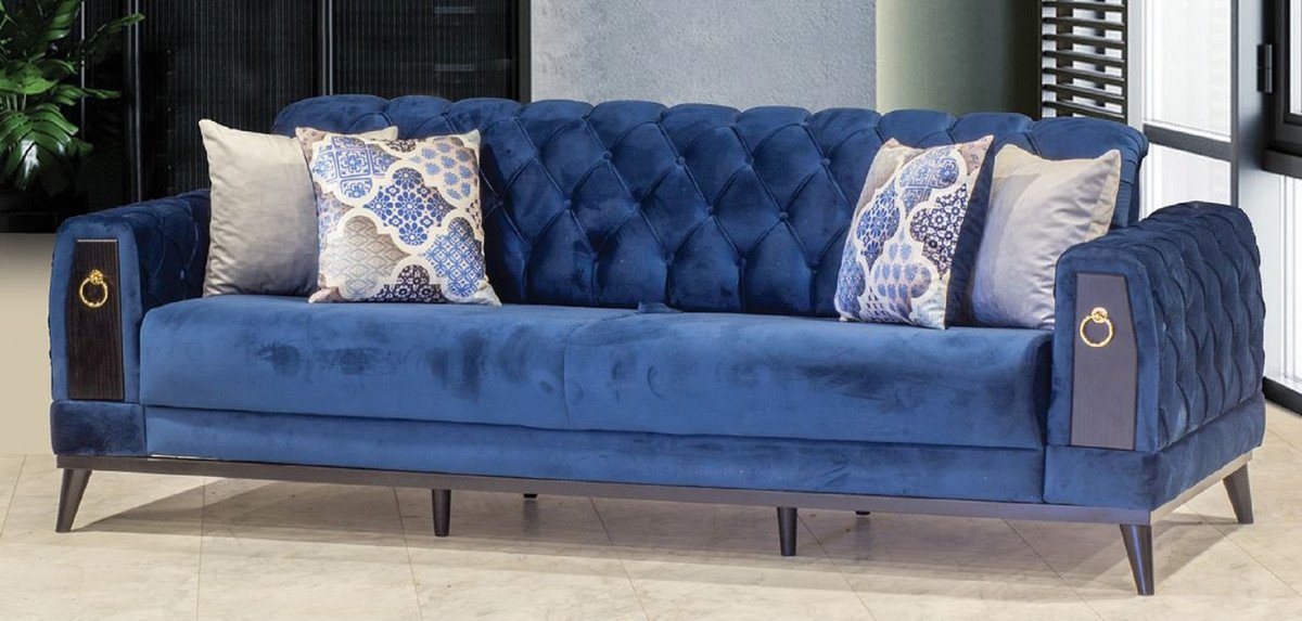 Casa Padrino Chesterfield-Sofa Chesterfield Schlafsofa Blau / Schwarz / Gold 222 x 90 x H. 80 cm - Modernes Wohnzimmer Sofa - Chesterfield Möbel - Wohnzimmer Möbel von Casa Padrino