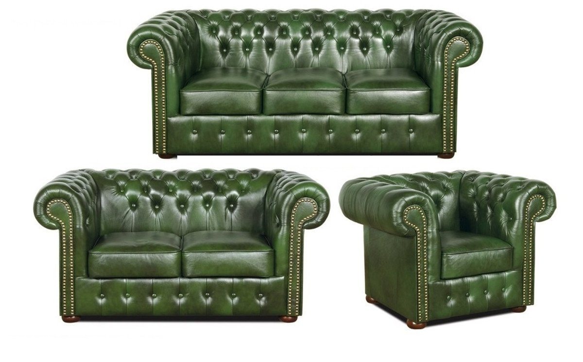 Casa Padrino Chesterfield-Sofa Chesterfield Wohnzimmer 3er Set Grün - Luxus Echtleder Möbel von Casa Padrino