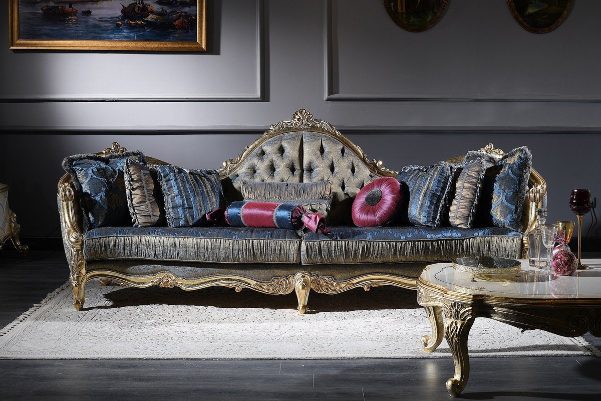 Casa Padrino Chesterfield-Sofa Luxus Barock Chesterfield Sofa Dunkelblau / Antik Gold 300 x 90 x H. 119 cm - Prunkvolles Barock Wohnzimmer Sofa - Barockmöbel von Casa Padrino