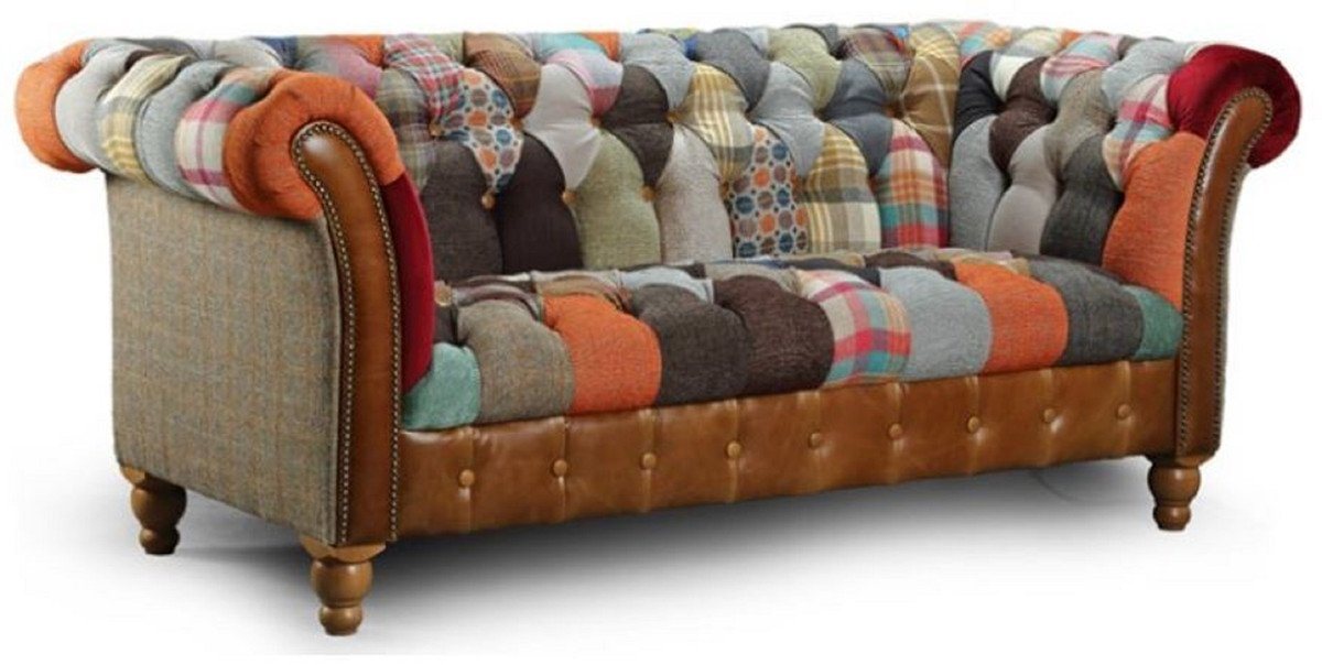 Casa Padrino Chesterfield-Sofa Luxus Chesterfield 2er Sofa Mehrfarbig / Grau / Braun 200 x 95 x H. 85 cm - Wohnzimmer Sofa mit Echtleder - Chesterfield Wohnzimmer Möbel von Casa Padrino