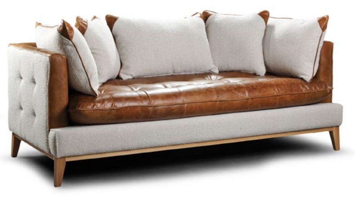 Casa Padrino Chesterfield-Sofa Luxus Chesterfield 3er Sofa Braun / Weiß / Naturfarben 215 x 95 x H. 85 cm - Wohnzimmer Sofa mit Echtleder - Chesterfield Wohnzimmer Möbel von Casa Padrino