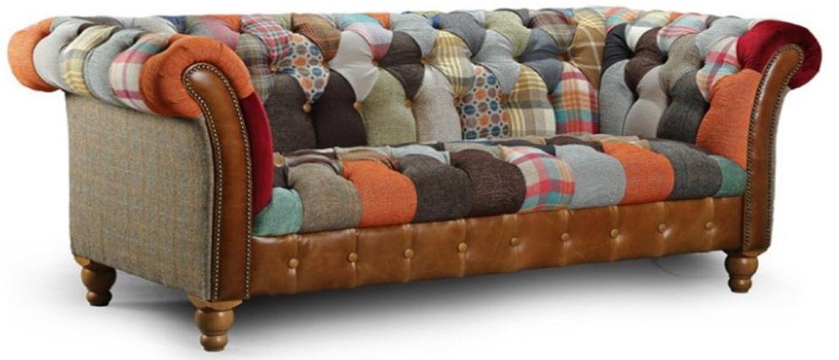 Casa Padrino Chesterfield-Sofa Luxus Chesterfield 3er Sofa Mehrfarbig / Grau / Braun 235 x 95 x H. 85 cm - Wohnzimmer Sofa mit Echtleder - Chesterfield Wohnzimmer Möbel von Casa Padrino