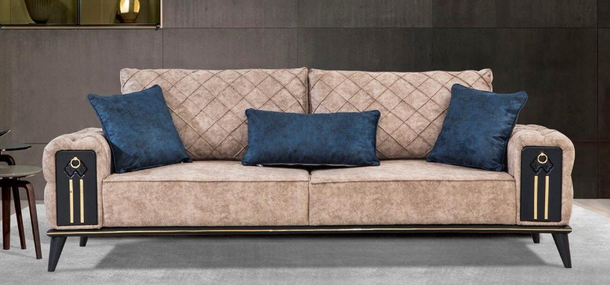 Casa Padrino Chesterfield-Sofa Luxus Chesterfield Schlafsofa Beige / Schwarz / Gold 220 x 90 x H. 80 cm - Modernes Wohnzimmer Sofa - Chesterfield Wohnzimmer Möbel von Casa Padrino