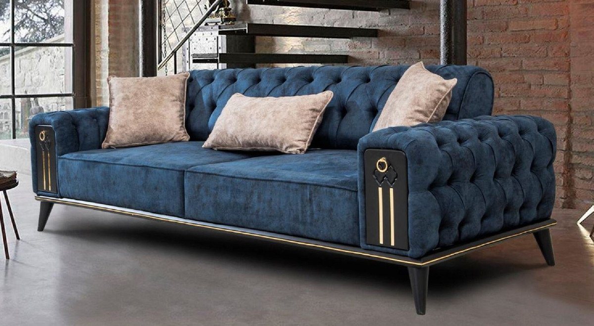 Casa Padrino Chesterfield-Sofa Luxus Chesterfield Schlafsofa Blau / Schwarz / Gold 220 x 90 x H. 80 cm - Modernes Wohnzimmer Sofa - Chesterfield Wohnzimmer Möbel von Casa Padrino