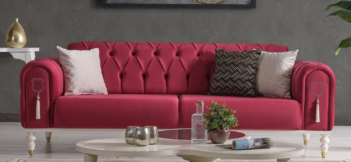 Casa Padrino Chesterfield-Sofa Luxus Chesterfield Schlafsofa Rot / Weiß / Gold 230 x 95 x H. 83 cm - Wohnzimmer Sofa mit 3 Kissen - Luxus Wohnzimmer Möbel von Casa Padrino