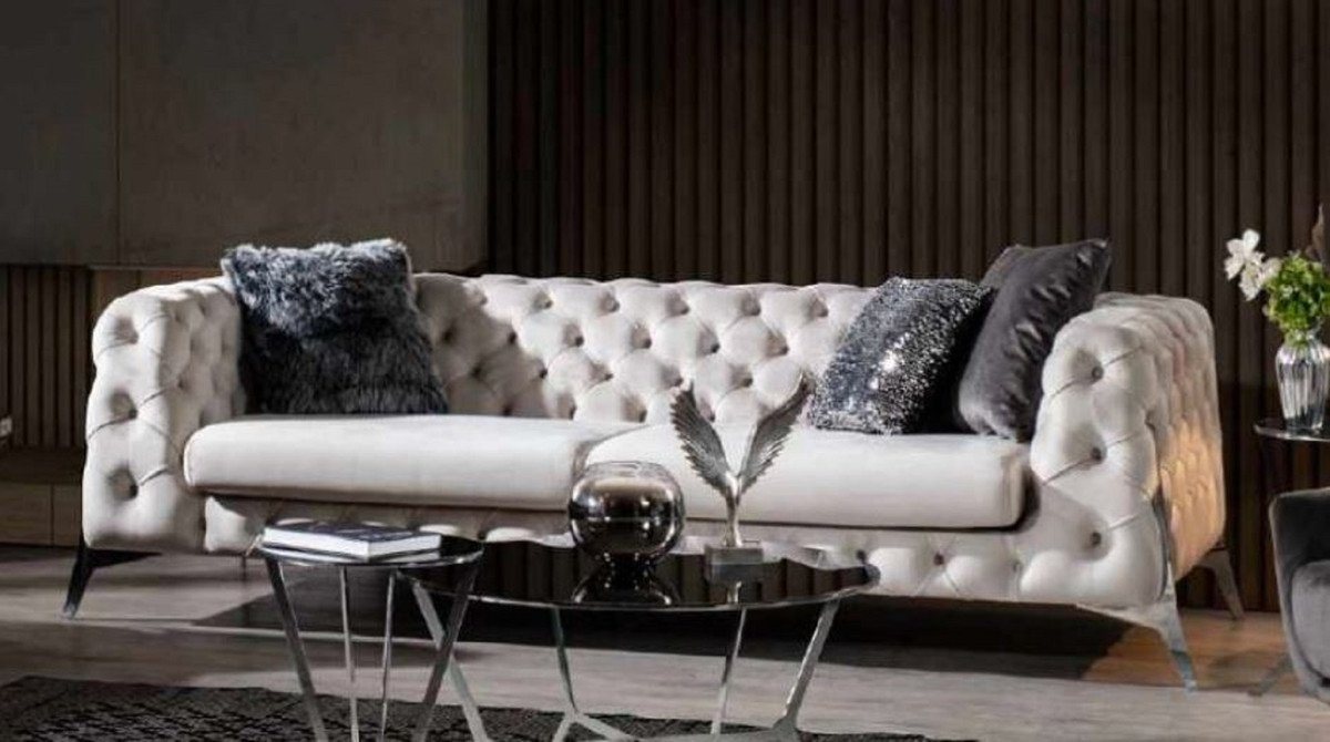 Casa Padrino Chesterfield-Sofa Luxus Chesterfield Sofa Weiß / Silber 240 x 100 x H. 72 cm - Wohnzimmer Sofa - Chesterfield Wohnzimmer Möbel von Casa Padrino