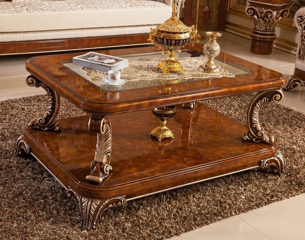 Casa Padrino Couchtisch Luxus Barock Couchtisch mit Glasplatte Braun / Bronze - Prunkvoller Massivholz Wohnzimmertisch im Barockstil - Barock Möbel - Edel & Prunkvoll von Casa Padrino