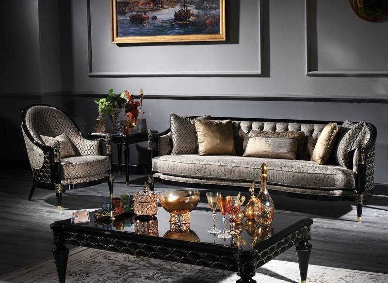 Casa Padrino Couchtisch Luxus Barock Set Silbergrau / Schwarz / Gold - 1 Chesterfield Sofa & 1 Sessel & 1 Couchtisch & 1 Beistelltisch - Barockmöbel von Casa Padrino