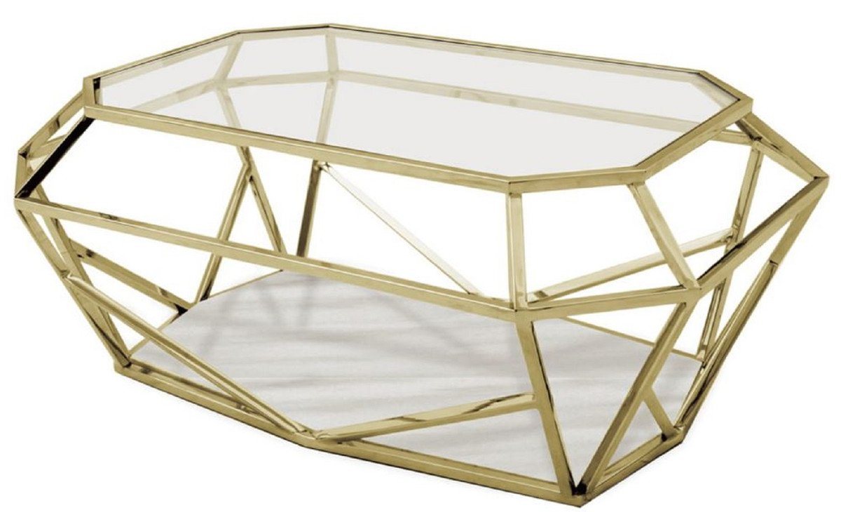 Casa Padrino Couchtisch Luxus Couchtisch Gold / Weiß 100 x 70 x H. 41 cm - Moderner Wohnzimmertisch mit Glas & Marmorplatte - Möbel von Casa Padrino