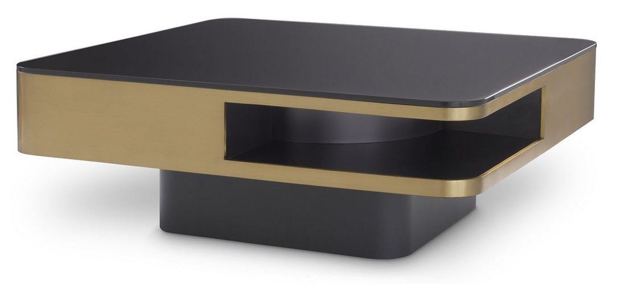 Casa Padrino Couchtisch Luxus Couchtisch Messingfarben / Schwarz 89,5 x 89,5 x H. 33,5 cm - Wohnzimmertisch mit Glasplatte - Möbel - Luxus Möbel von Casa Padrino