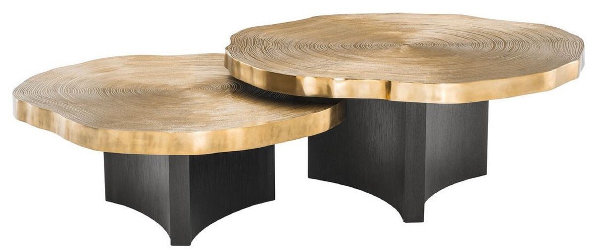 Casa Padrino Couchtisch Luxus Couchtisch Set Messingfarben / Schwarz - Luxuriöse Wohnzimmertische mit Tischplatten im Baumscheiben Design von Casa Padrino