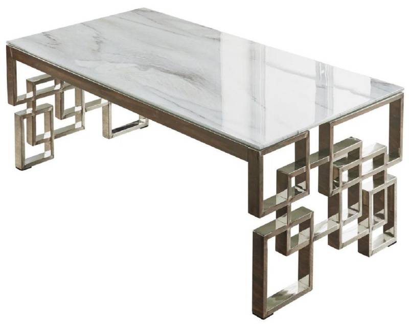 Casa Padrino Couchtisch Luxus Couchtisch Silber / Weiß 120 x 60 x H. 45 cm - Rechteckiger Wohnzimmertisch mit Edelstahlbeinen und Marmorglas Tischplatte - Luxus Möbel von Casa Padrino