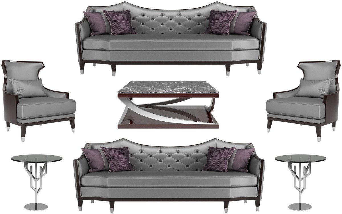 Casa Padrino Couchtisch Luxus Set Silber / Schwarz / Dunkelbraun - 2 Sofas & 2 Sessel & 1 Couchtisch & 2 Beistelltische - Luxus Möbel von Casa Padrino