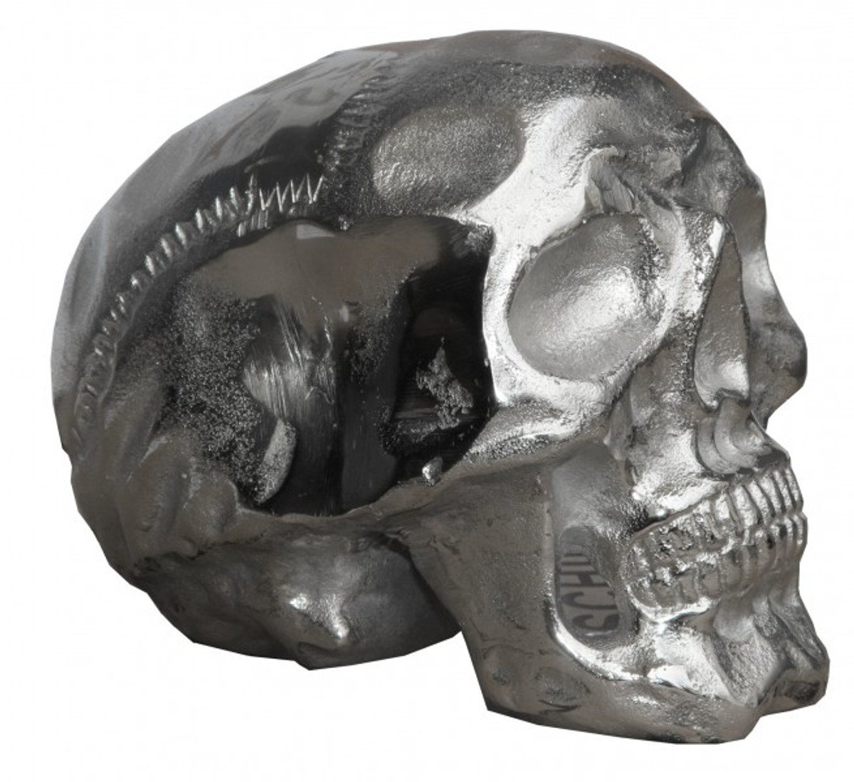 Casa Padrino Dekofigur Casa Padrino Designer Skull Mod1S silber Höhe 13 cm, Breite 9 cm, Tiefe 16,5 cm, Totenkopf - edle Skulptur aus Aluminium vernickelt von Casa Padrino