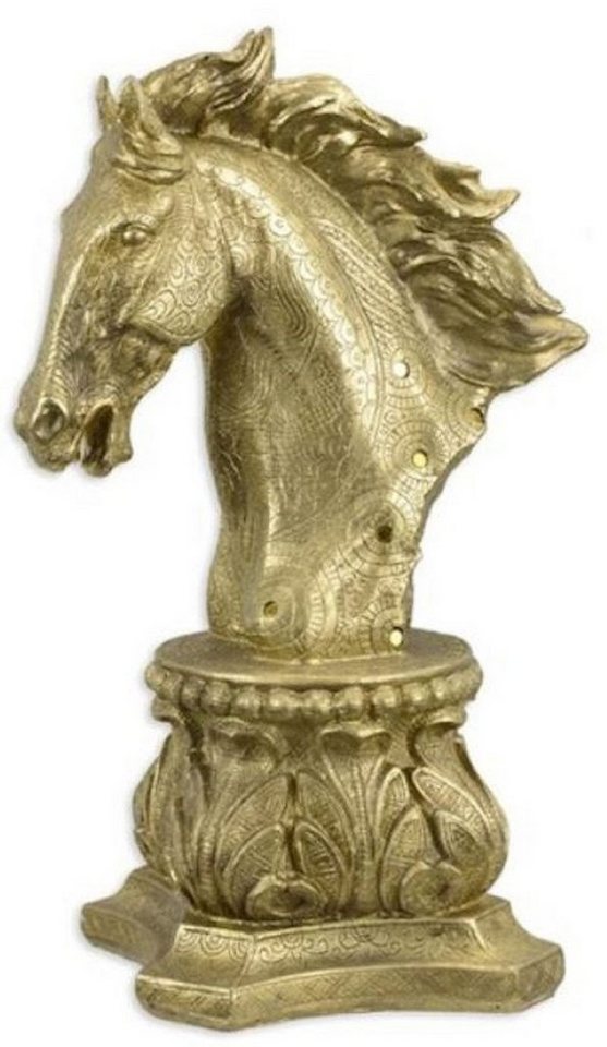 Casa Padrino Dekofigur Casa Padrino Kunstharz Deko Skulptur Pferdekopf auf Barock Sockel Gold 17,9 x 22,5 x H. 40,2 cm - Elegante Dekofigur - Schreibtisch Deko - Wohnzimmer Deko von Casa Padrino