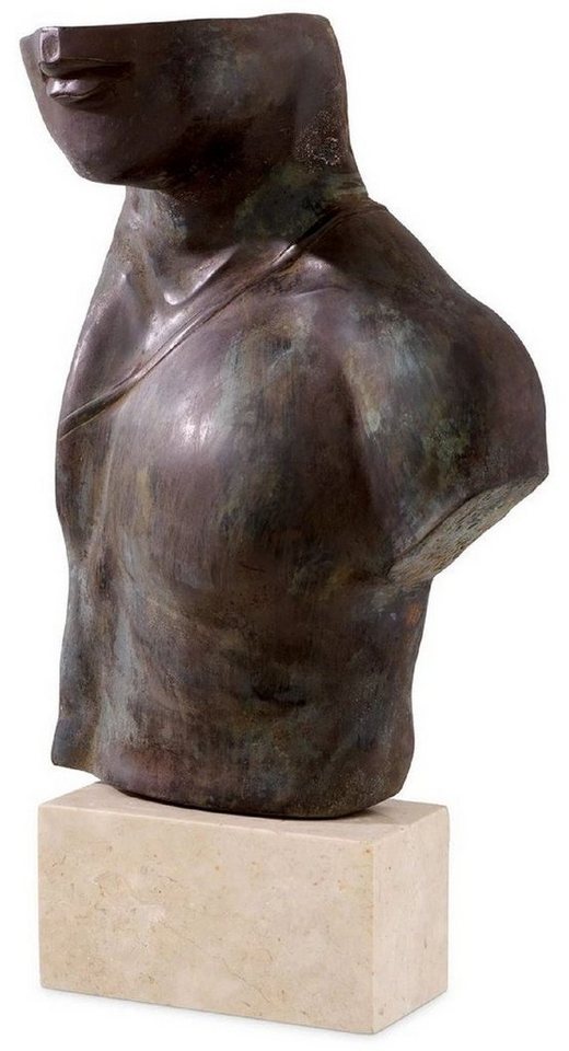 Casa Padrino Dekofigur Casa Padrino Luxus Deko Skulptur Torso Antik Bronze / Beige 28 x 14,5 x H. 51,5 cm - Messing Deko Figur mit Travertin Sockel - Wohnzimmer Deko - Schreibtisch Deko - Büro Deko - Deko Accessoires von Casa Padrino