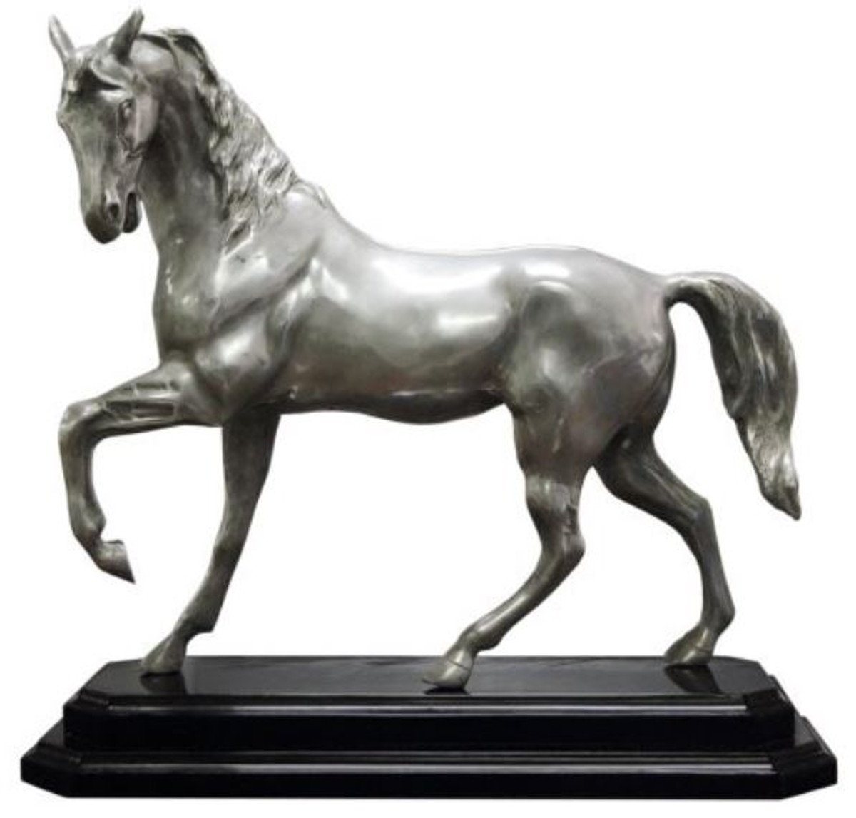Casa Padrino Dekofigur Luxus Bronzefigur Pferd mit Holzsockel Silber / Schwarz 42 x 17 x H. 40 cm - Versilberte Deko Figur von Casa Padrino